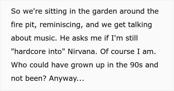 Man reminiscing about teenage ex, discussing music around a fire pit, revealing unexpected life changes in the US.