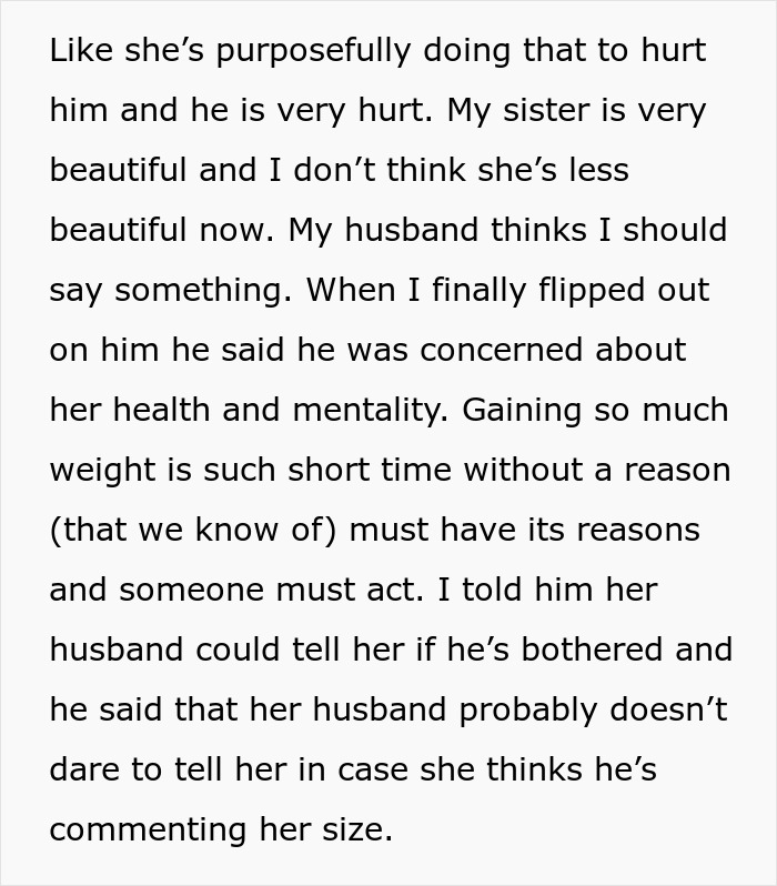 Text discussing a woman weirded out by her husband&rsquo;s obsession with her sister&rsquo;s weight and his concerns about her health.