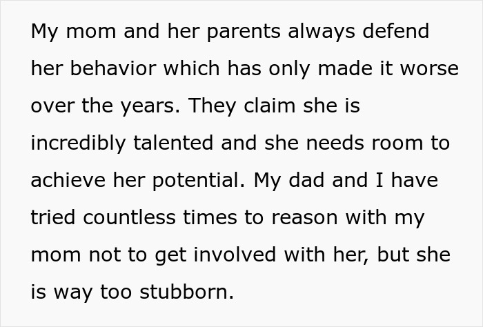 Text excerpt about family conflict involving a jobless 36-year-old competing with her PhD cousin, causing financial loss.