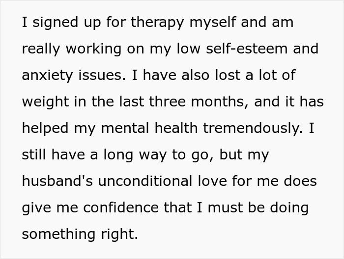 Text about therapy, low self-esteem, anxiety, weight loss, and support from husband boosting confidence.