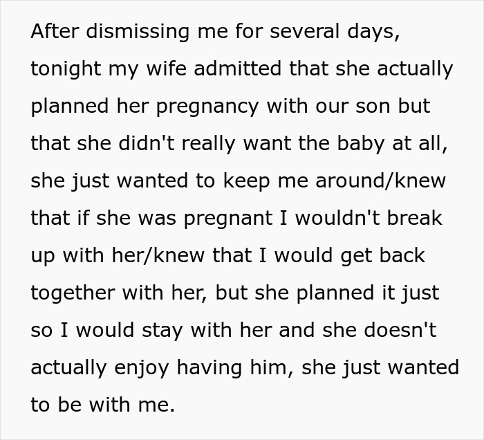 Text excerpt revealing a woman planned her pregnancy as a trap to keep her boyfriend from leaving her relationship.