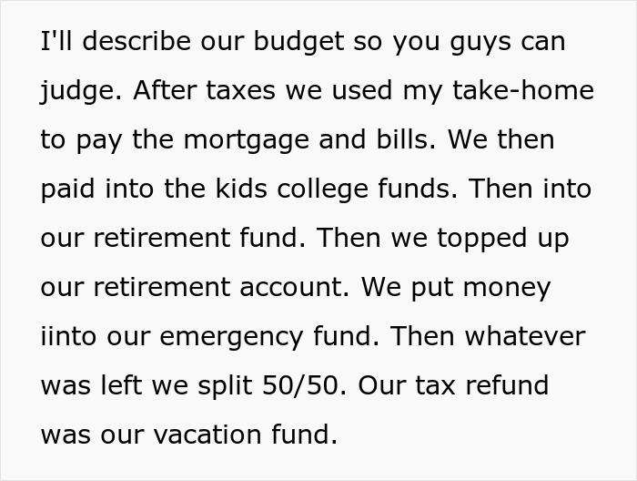 Text showing a homemaker explaining their budget priorities amid complaints about adult kids not having luxury cars.