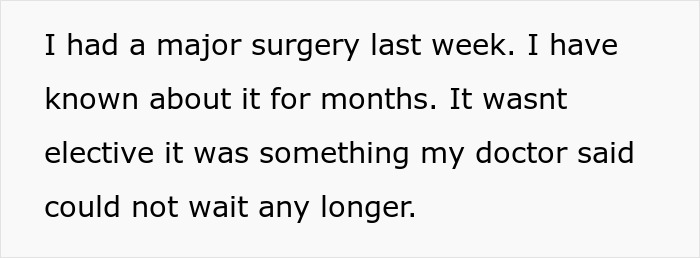 Text excerpt about major surgery, describing it as non-elective and urgent based on doctor's advice.