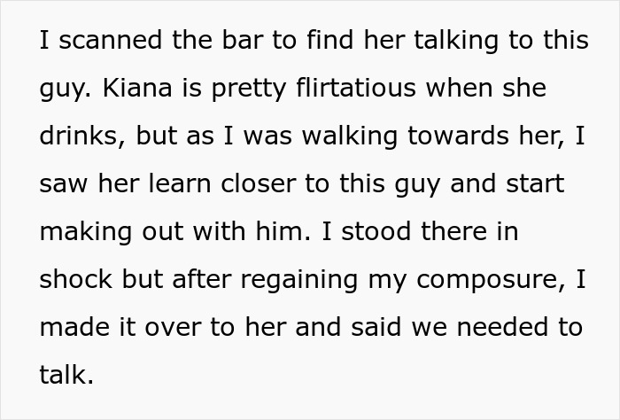 Text excerpt showing a cheater at a bar making out with another guy, hiding a one night stand from her boyfriend.