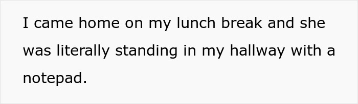 Text on a white background reads: I came home on my lunch break and she was literally standing in my hallway with a notepad.