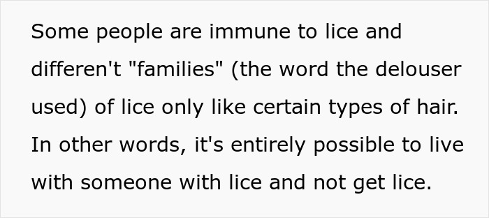 Text about immunity to lice and different families of lice, explaining living with someone who has lice without getting lice.