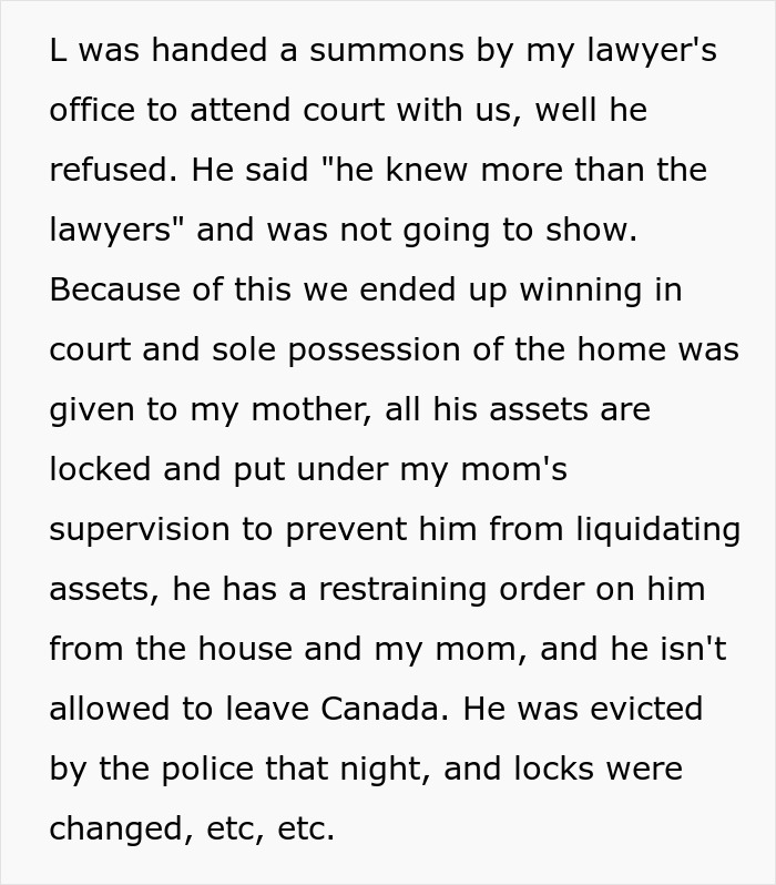 Text excerpt about a husband refusing chemotherapy and the daughter's actions leading to legal revenge and asset control.