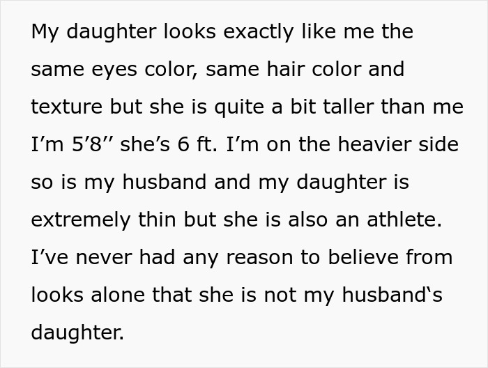 Text discussing family resemblance and doubts leading to a secret DNA test of a grandkid by a mother-in-law.