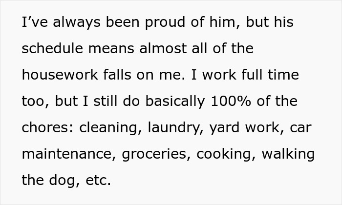 Text excerpt showing a man discussing how household chores are dumped on him despite both working, raising questions about his busy work. Text excerpt showing a man discussing how household chores are dumped on him despite both working, raising questions about his busy work.