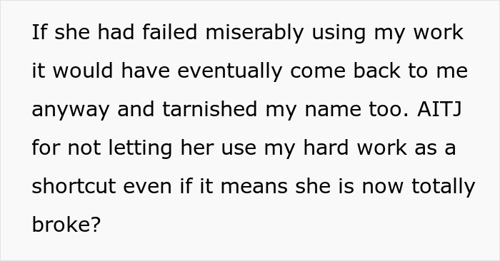 Text discussing a person refusing to let a roommate use their hard work after the boss stole their portfolio.