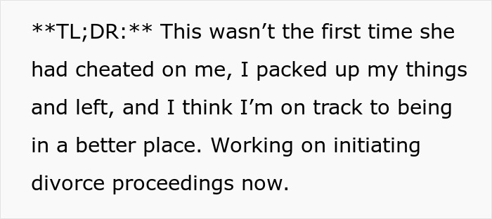 Text message revealing a woman admitting to cheating multiple times, husband deciding to leave and start divorce proceedings.