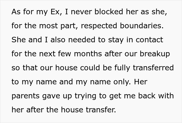 Text excerpt discussing boundaries and communication with an ex after breakup related to trashing girlfriends gift context.