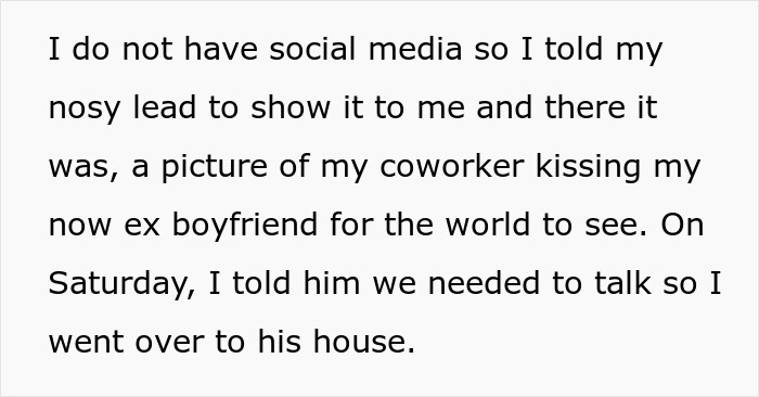 Woman congratulates boyfriend and his pregnant mistress in front of coworkers, showing a tense office confrontation.