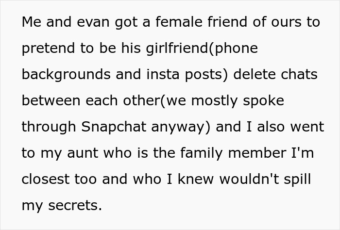 Text excerpt showing someone explaining how they pretended to have a secret boyfriend to keep their relationship hidden.