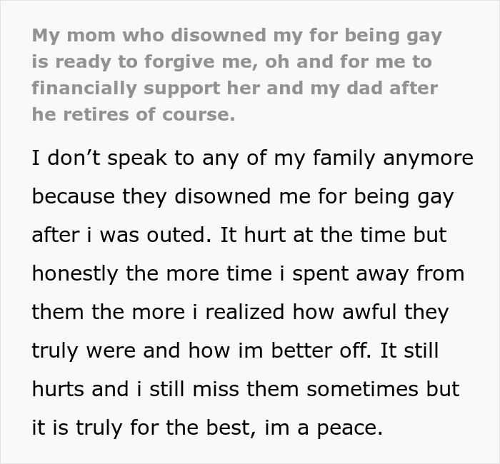 Postagem de texto sobre um homem gay rejeitado pelos pais que espera que ele financie sua aposentadoria, apesar da rejeição.