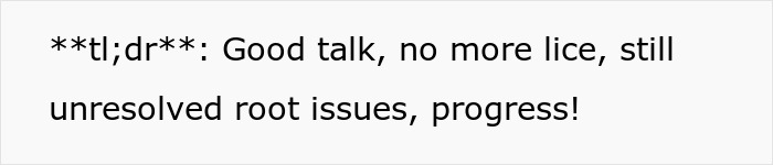 Text message screenshot stating no more lice after months of refusal, highlighting a drastic ultimatum success.