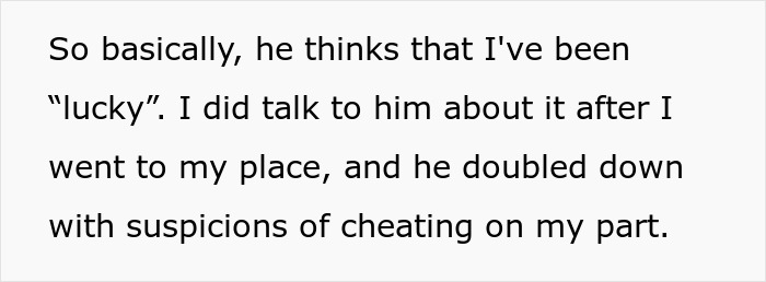 Text on a white background discussing a man dismissing his girlfriend&rsquo;s major career milestone and accusing her of sleeping her way to success.