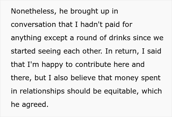 Text excerpt discussing a gold digger test situation about spending and fairness in relationship expenses.