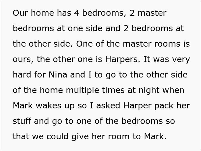 Text showing a family discussing evicting teen daughter from her bedroom to give room for a new baby, sparking family crisis.