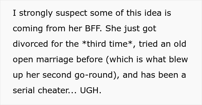 Text discussing suspicion about a wife&rsquo;s influence, divorce history, open marriage, and serial cheating concerns.