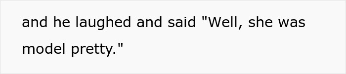 Text showing a husband saying his ex was model pretty, highlighting a wife’s realization about downgrading from gorgeous to kind. Text showing a husband saying his ex was model pretty, highlighting a wife’s realization about downgrading from gorgeous to kind.