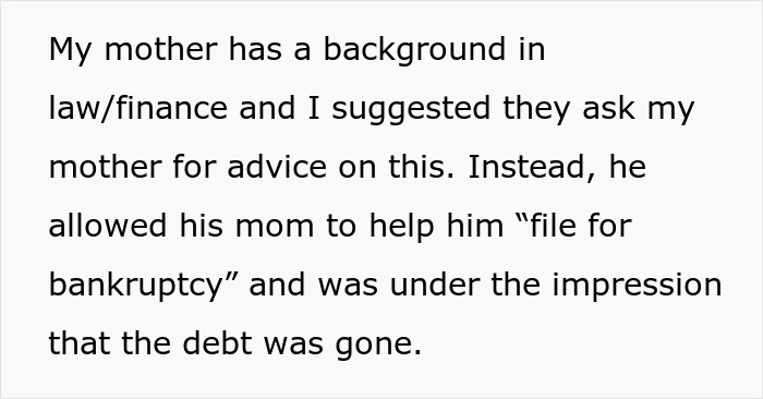 Text excerpt discussing advice on filing bankruptcy and handling debt with family involvement and misunderstandings.