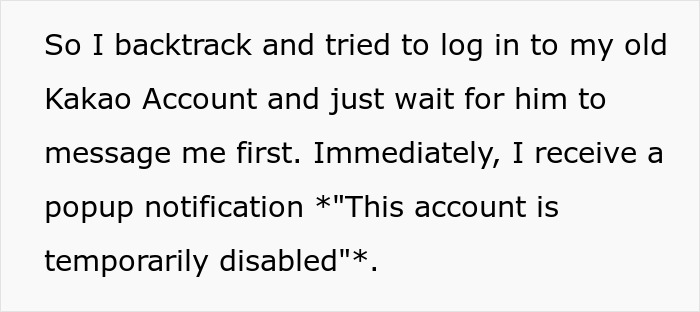 Text of someone trying to log into a disabled Kakao account after a perfect first date abroad without contact options.