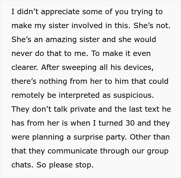 Text message explaining no suspicious communication found between husband and sister regarding weight, revealing obsession truth.