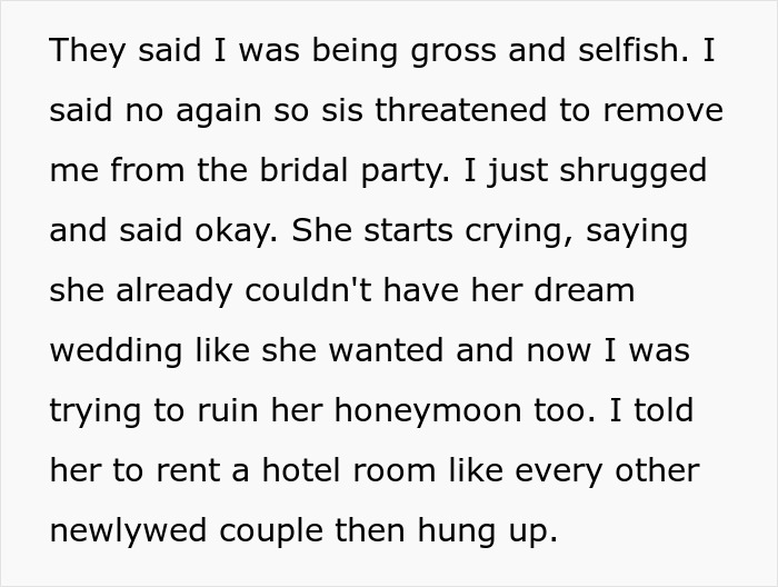 Bride expects to spend honeymoon at sibling’s house but faces harsh reality and family conflicts over wedding plans. Bride expects to spend honeymoon at sibling’s house but faces harsh reality and family conflicts over wedding plans.