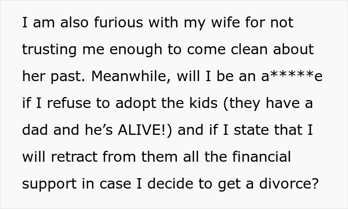 Text excerpt about a man refusing to adopt wife&rsquo;s kids after discovering hidden truth about their father.