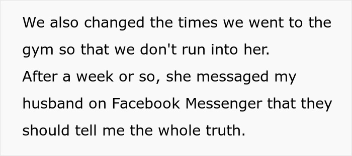 Text excerpt discussing changing gym times and a Facebook message about revealing the whole truth involving wife, hubby, and bestie.