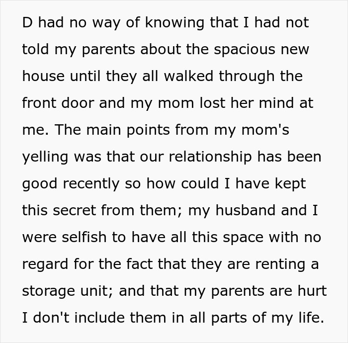 Text excerpt about parents being mad daughter didn&rsquo;t tell them about buying a house while being sneaky themselves.