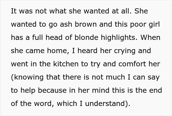 Young girl crying at home after hair dye mishap, best friend fight mom trying to comfort her in kitchen.