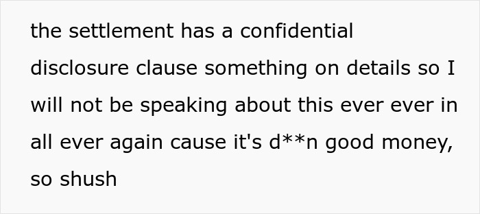 Text on screen showing a confidential settlement disclosure with a warning not to share details.