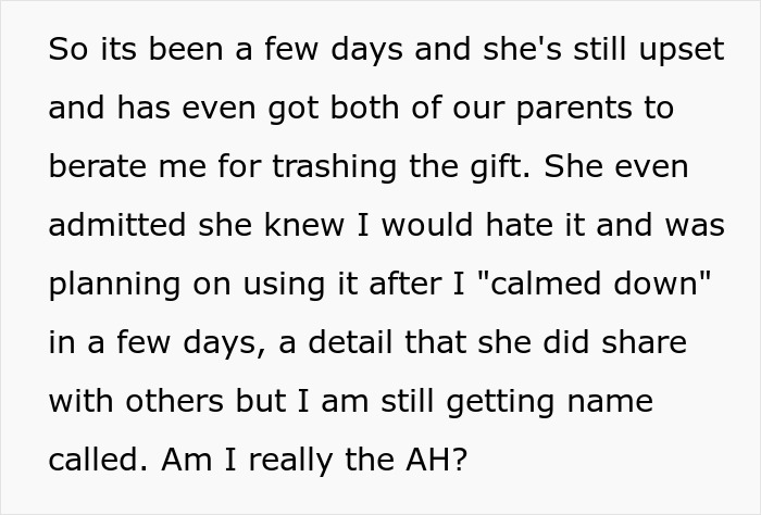 Paragraph discussing conflict over trashing girlfriend's gift and the resulting upset between partners and their families.