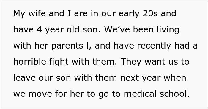 Text describing a young family facing conflict with grandparents over leaving their toddler behind for medical school.