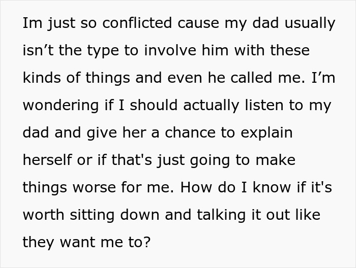 Text post expressing conflict over boyfriend&rsquo;s parents turning against him after girlfriend wants an open relationship.