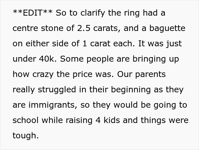 Text clarifying the 40K ring cost, a key detail in the ring complaint and proposal cancellation.