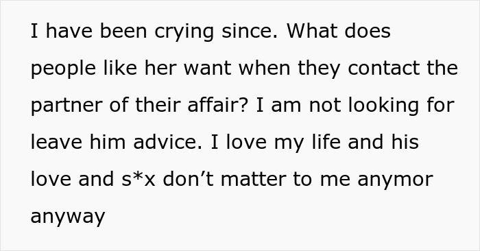 Text expressing a woman&rsquo;s emotional struggle as her husband&rsquo;s mistress keeps trying to contact her despite her efforts to ignore it.
