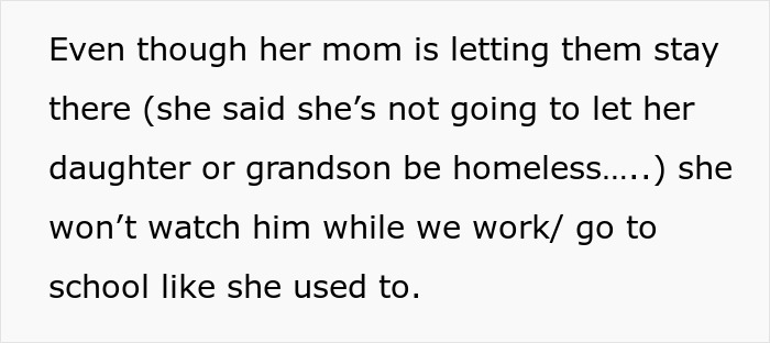 Text excerpt showing a family struggle as grandparents refuse to watch toddler, causing tension during medical school efforts.