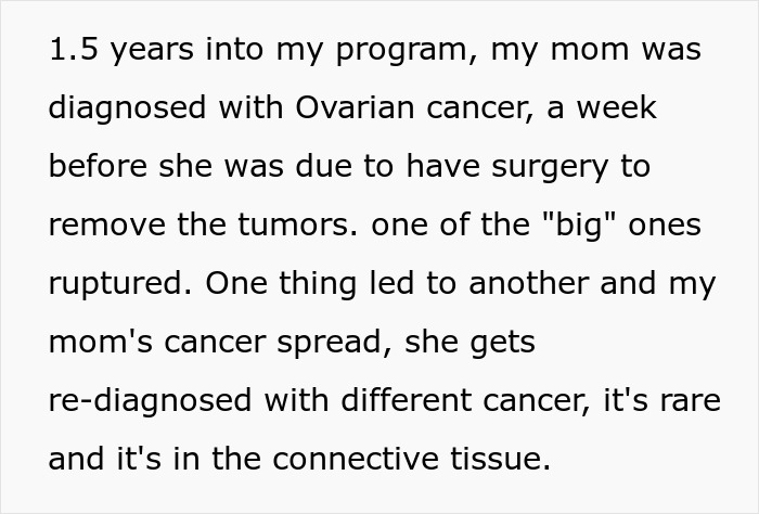 Text about ovarian cancer diagnosis and rare connective tissue cancer after tumor rupture and spread.