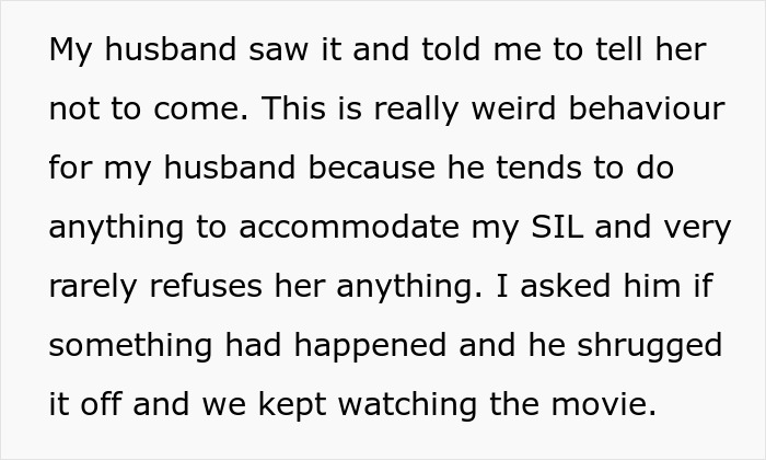 Text excerpt showing a husband refusing to accommodate SIL, highlighting unusual behavior in a pregnant woman conflict.