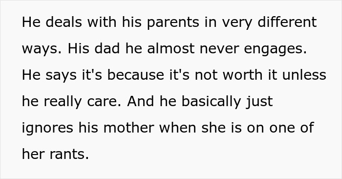 Text excerpt about a husband dealing with his parents differently, highlighting anxiety triggered by in-laws' visits.