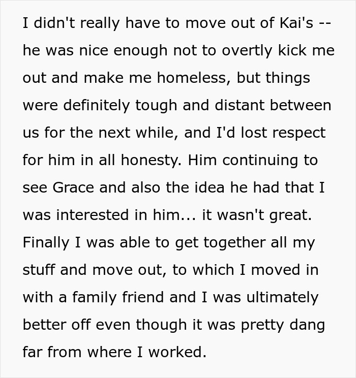 Alt text: Text describing a woman’s experience with a horrible cheating jerk husband and moving out to a family friend’s place.