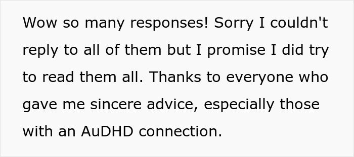 Text post discussing responses and advice received, mentioning an AuDHD connection from a personal experience share.