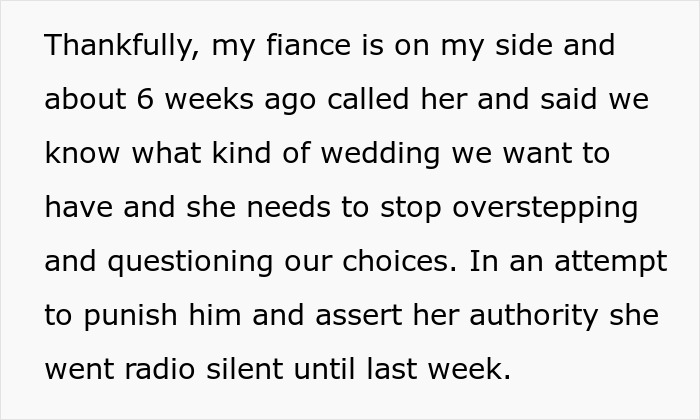 Text excerpt discussing bride and fiance navigating wedding decisions amid mother-in-law&rsquo;s $25K wedding gift controversy.