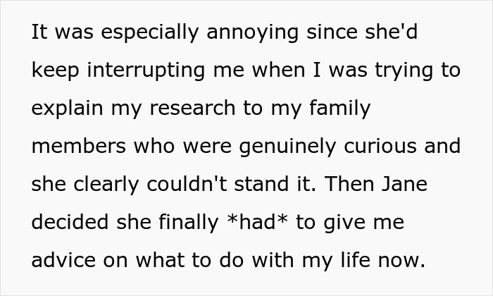 Text excerpt showing frustration over interruptions while explaining research to family, highlighting competition with PhD cousin.