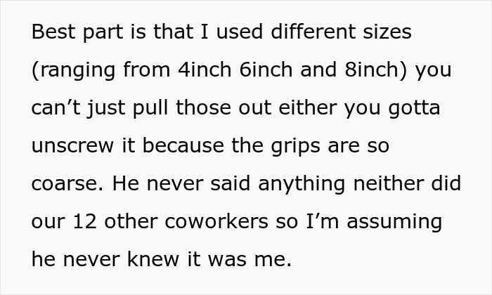 Text describing a lazy guy trying to steal coworker&rsquo;s ladder and her clever revenge nailing his tools to the floor.