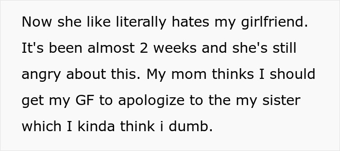 Text discussing a guy causing drama by approving an outfit for his sister&rsquo;s wedding that made his girlfriend upset.