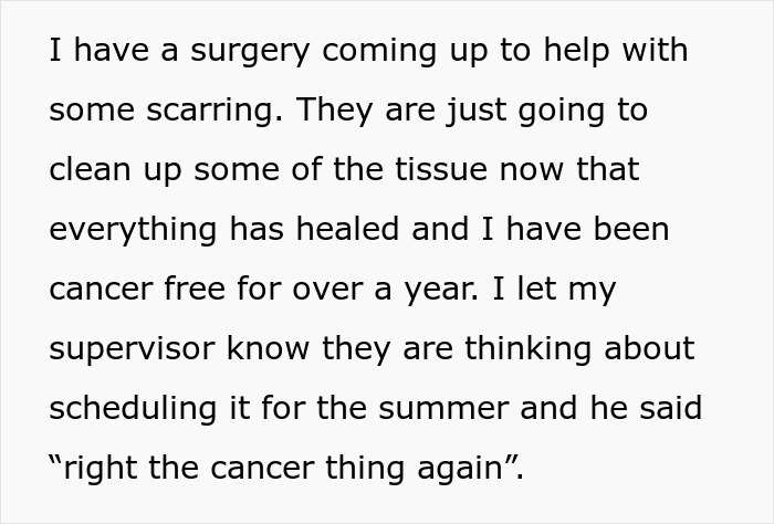 Text about a cancer survivor discussing upcoming surgery to address scarring after being cancer free for over a year.